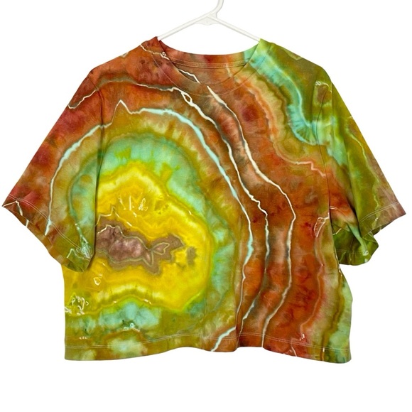Handmade Geode Tie Dye Crop Tee Womens Size XL Oversized Upcycled Cropped Yellow - Picture 1 of 9